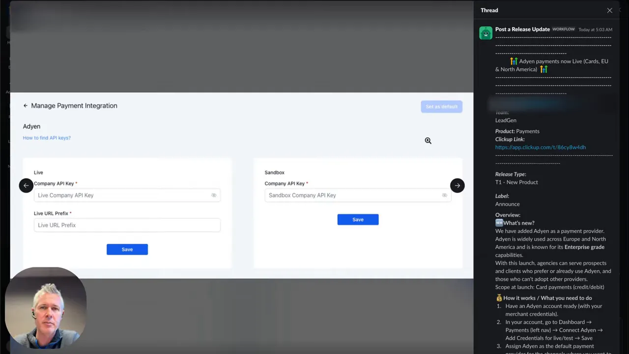 Screenshot of 'Manage Payment Integration' settings for Adyen with Live and Sandbox Company API Key fields