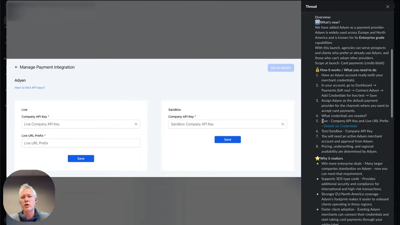 Clear screenshot of GFunnel’s Manage Payment Integration page for Adyen showing Live Company API Key and Live URL Prefix fields and the Sandbox section.