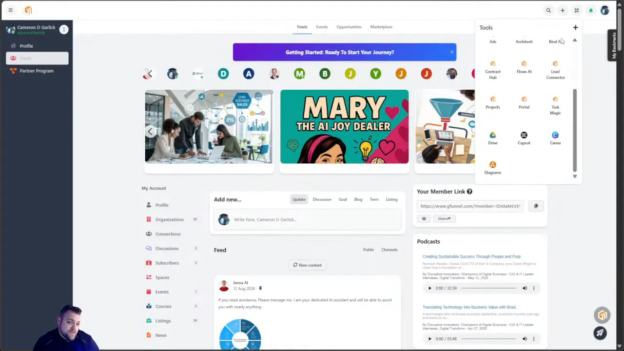 GFunnel platform dashboard and community features