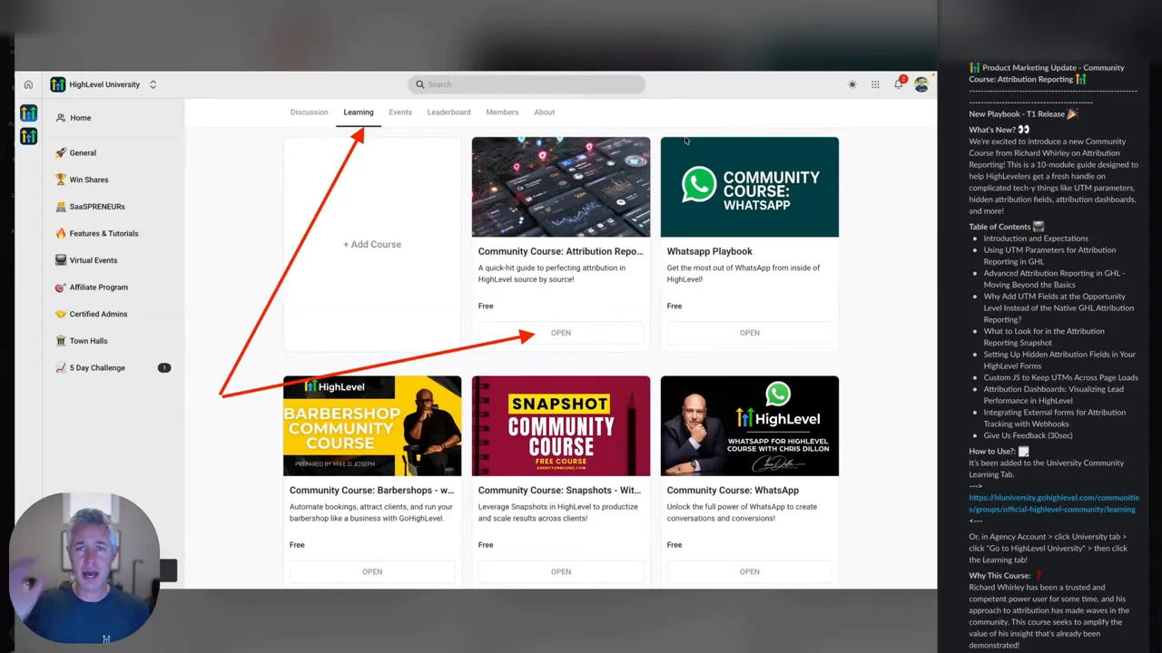 Clear screenshot of GFunnel Learning tab showing community course tiles, arrows pointing to 'Learning' and 'Open' buttons