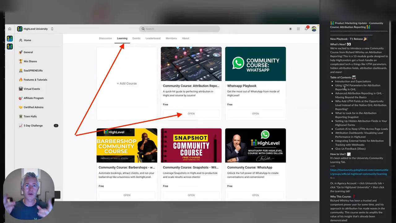 Crisp screenshot of a learning hub page showing a Community Course about attribution with red arrows to the Learning tab and Open button and a small presenter overlay.