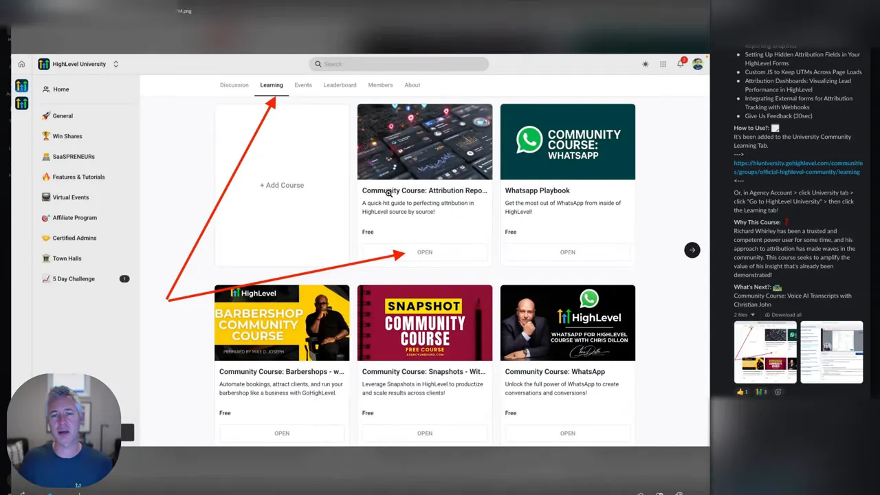 High-clarity screenshot of GFunnel/HighLevel learning hub with course cards, red arrows pointing to the Learning tab and an 'Open' button, and a small presenter inset.