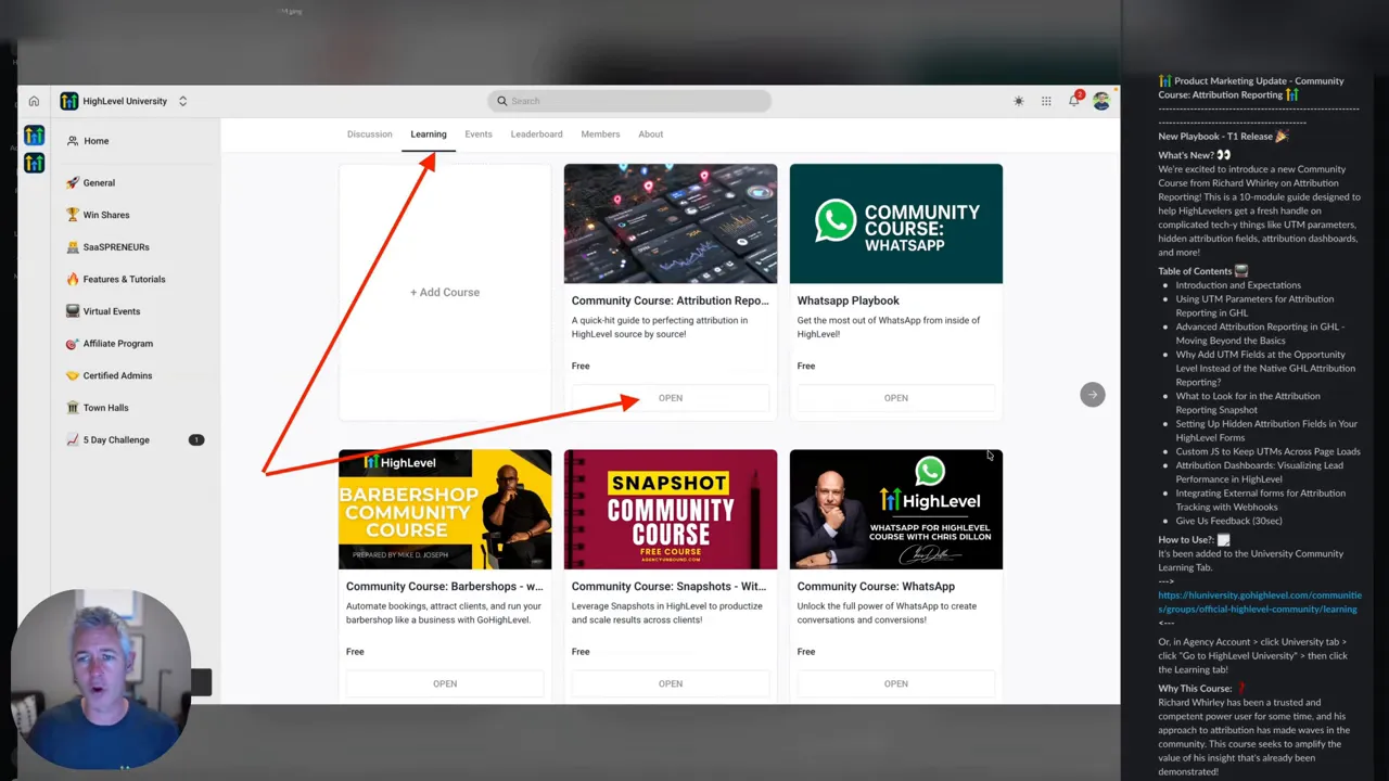 High-clarity screenshot of a learning/course library UI with arrows pointing to the Learning tab and an Open button on a course, plus a small presenter inset.
