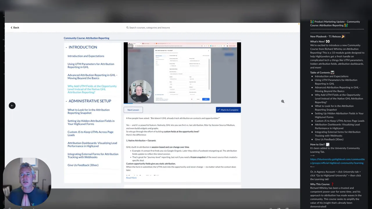 Attribution reporting course page showing table of contents, embedded lesson video and details about UTM/attribution setup