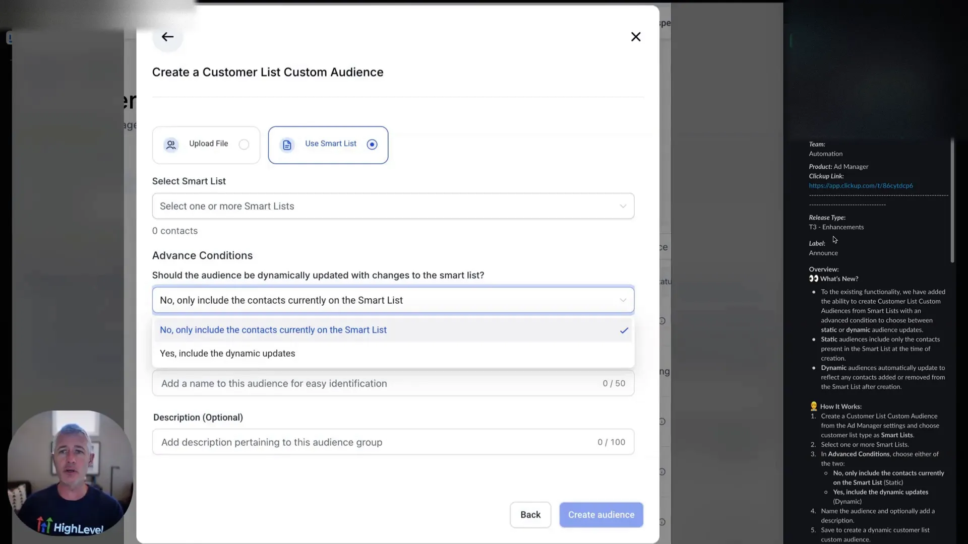 Setting smart list to static or dynamic in the ad manager