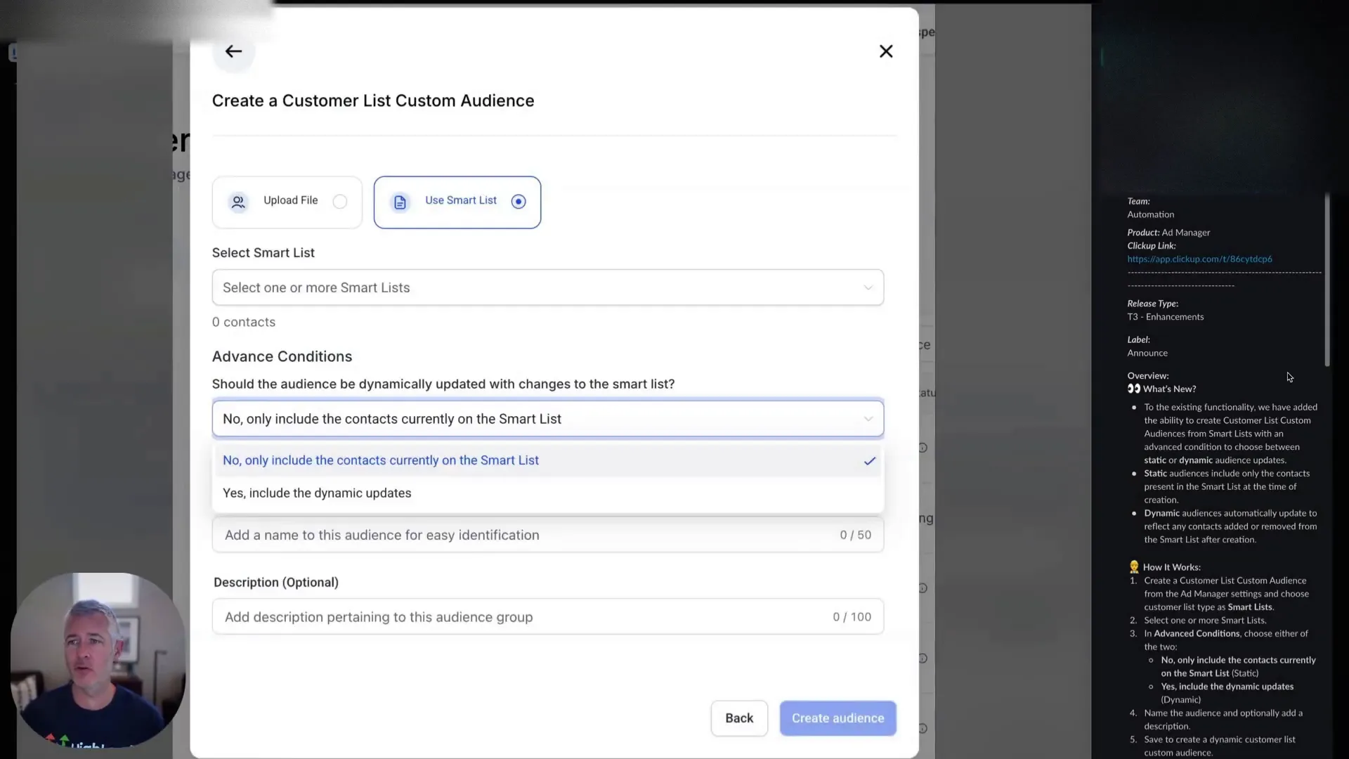Sean introducing custom audiences and smart lists in the walkthrough