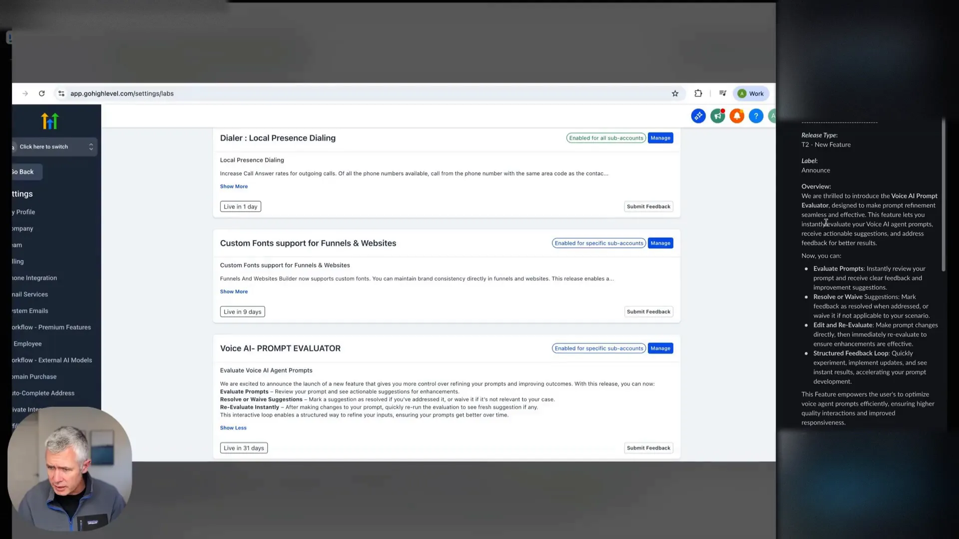 Enable Labs toggle in the platform settings to activate Voice AI prompt evaluator and advanced features