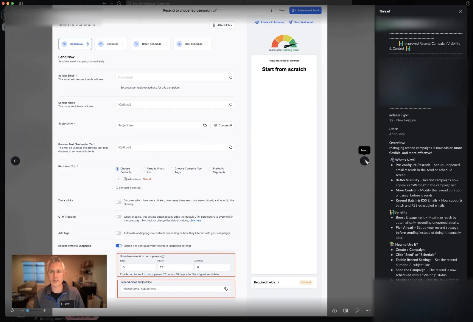 Screenshot of resend scheduling options