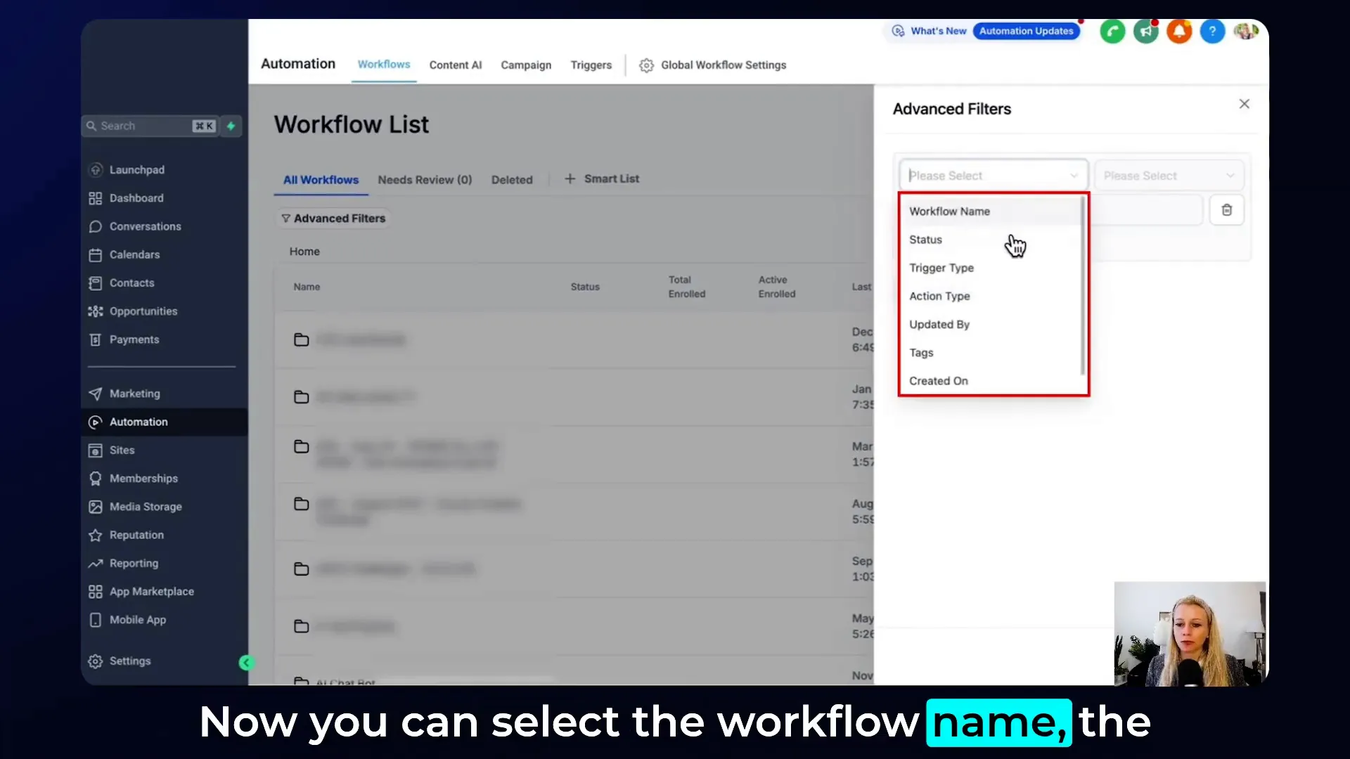 Advanced filters tab showing workflow name, status, trigger type