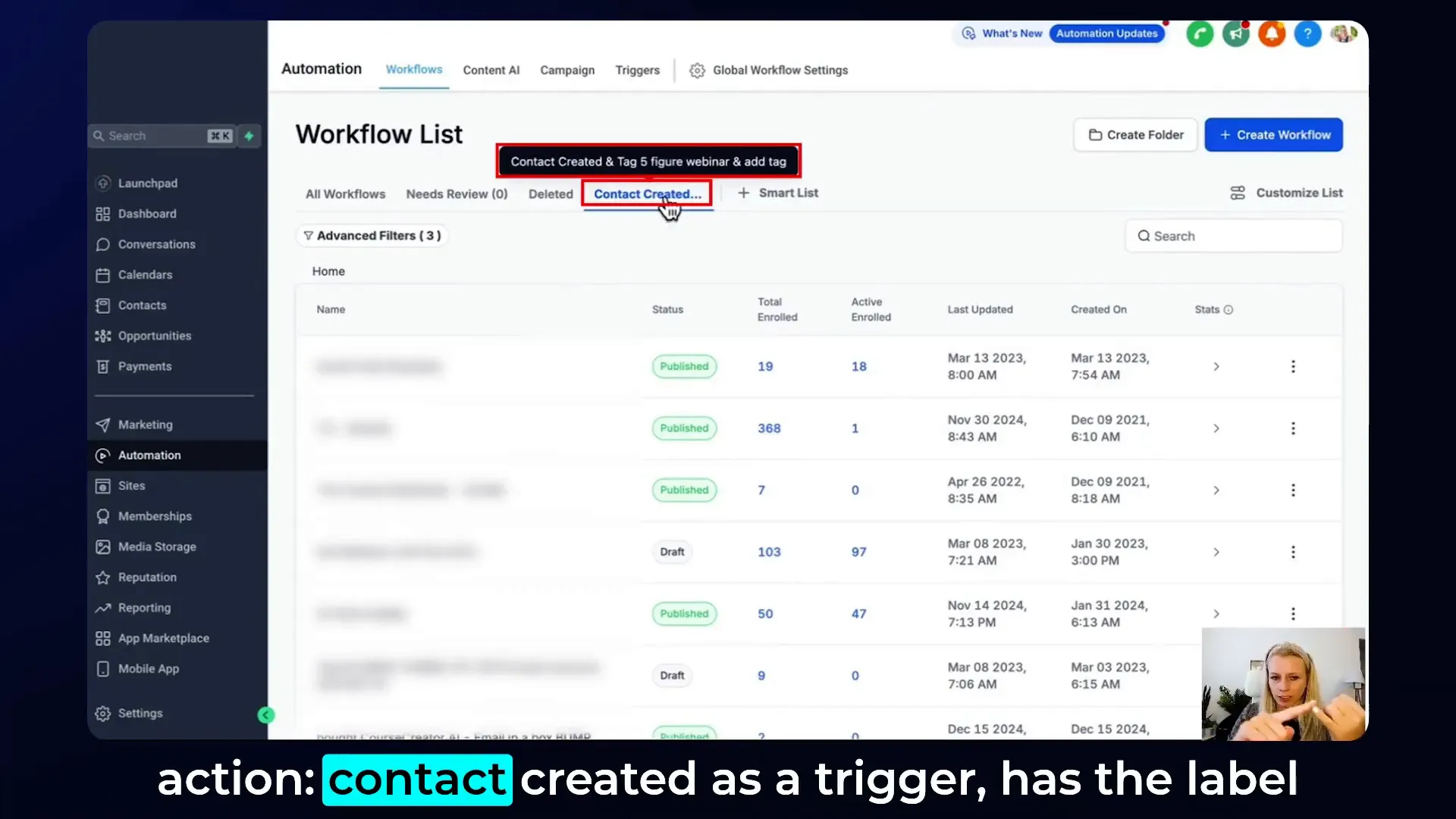 Smart list showing workflows filtered by contact created trigger and five figure webinar tag