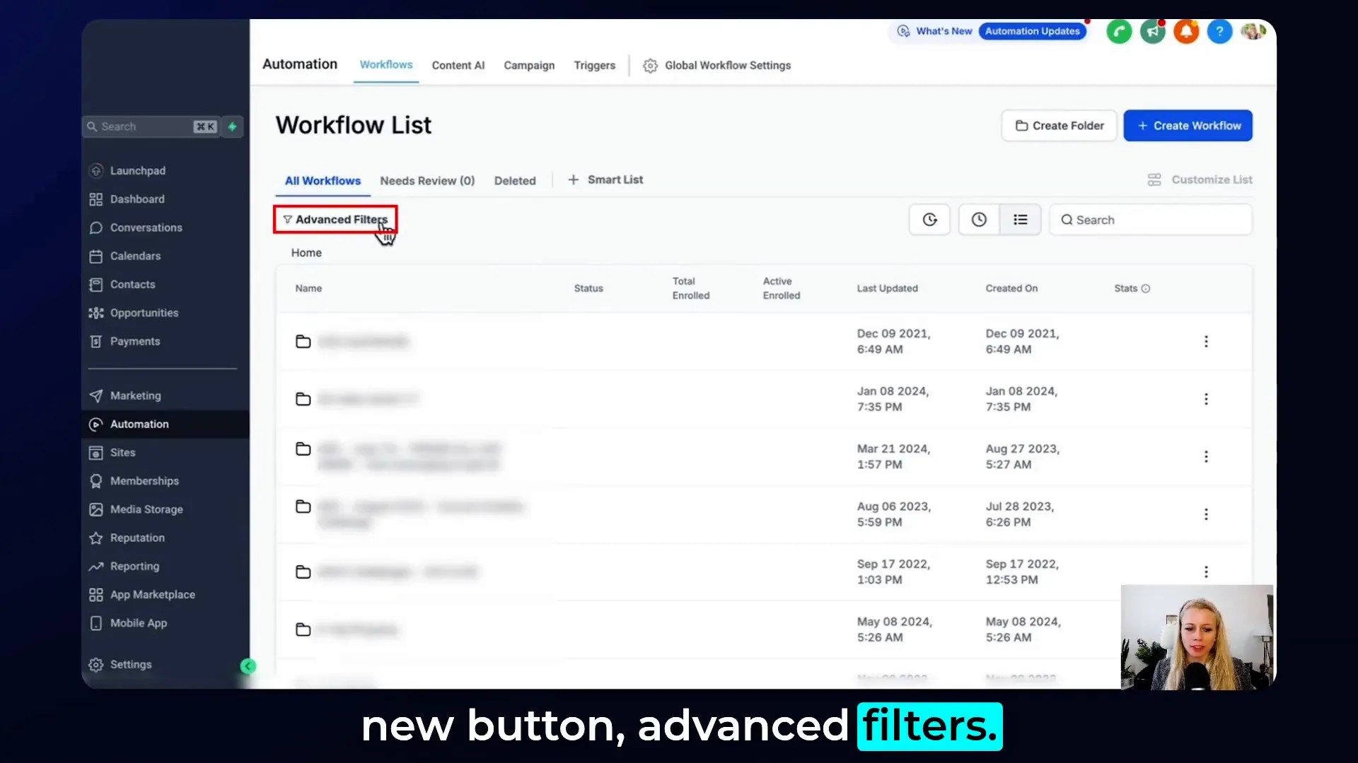 GFunnel automation feature setup showing advanced filters