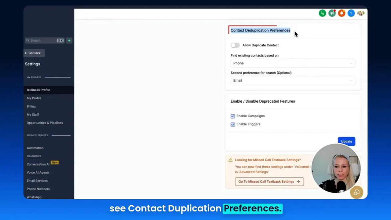 Settings bottom left, Business profile selected