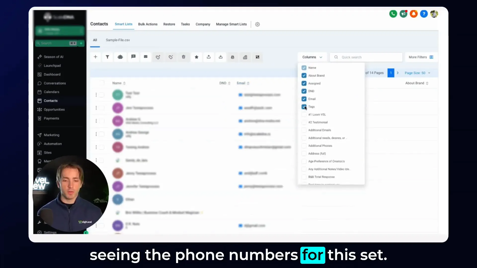 Customizing columns feature in HighLevel smart lists
