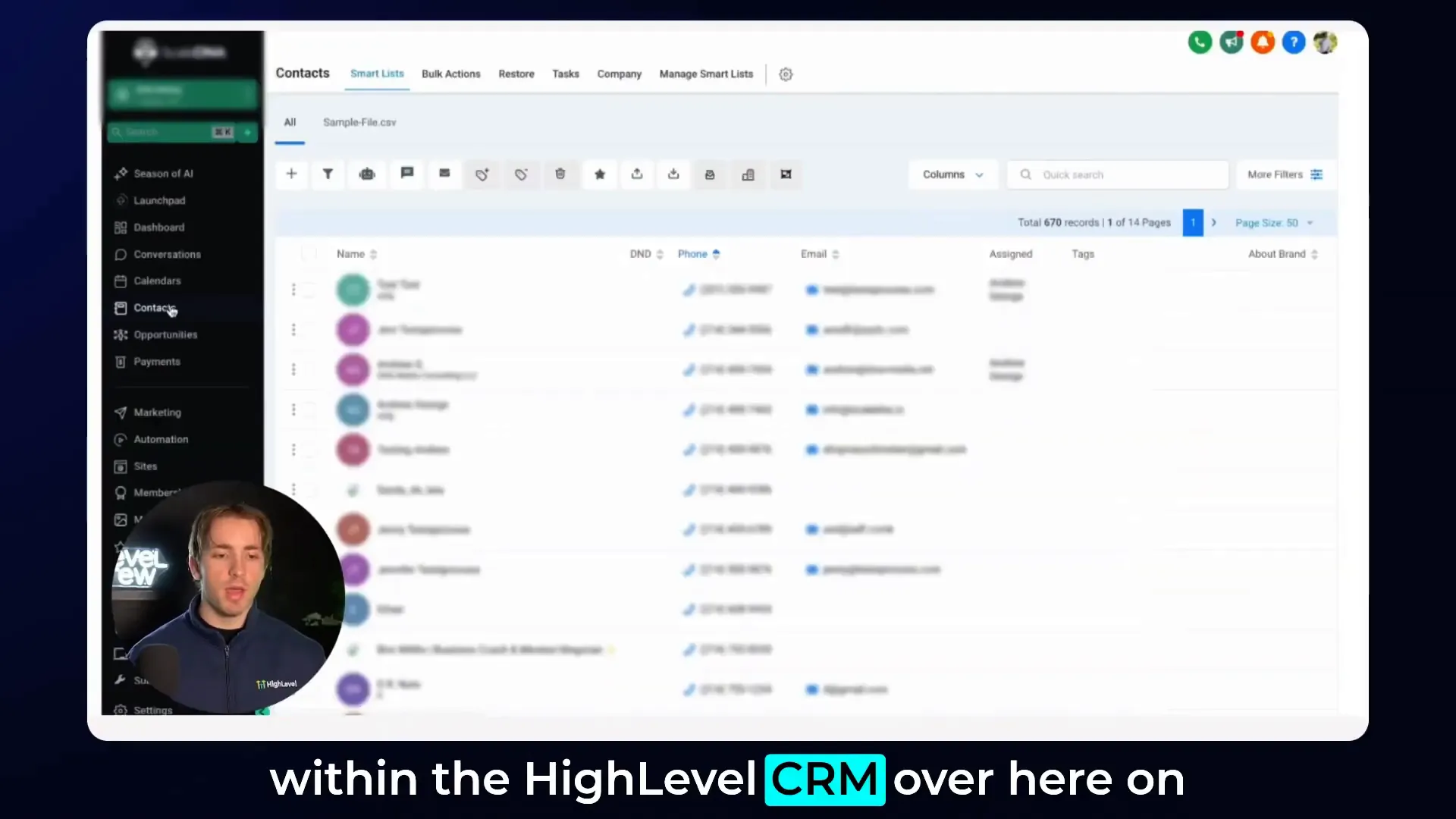 Contact manager interface in HighLevel showing smart lists tab