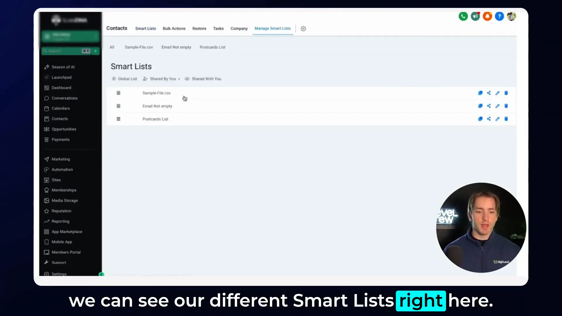 Manage smart lists screen showing reorder, copy, and share options