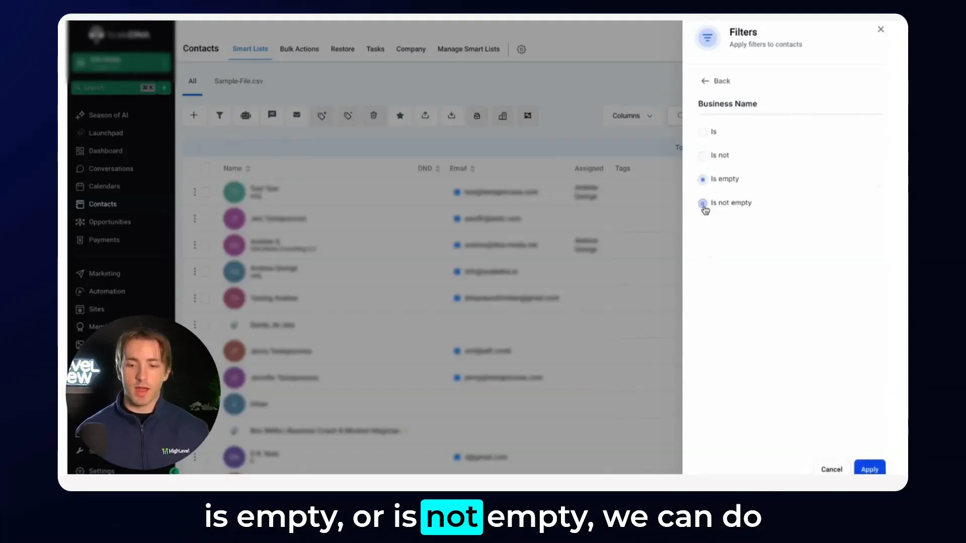Applying email not empty filter in HighLevel smart lists