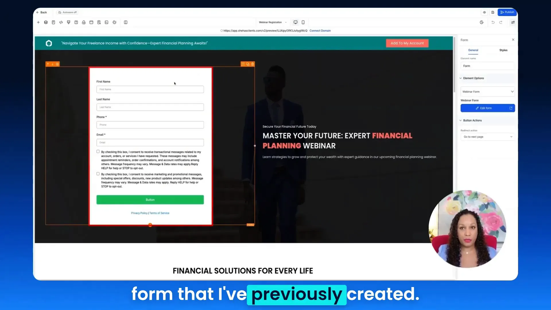 Editable webinar funnel with form included by default