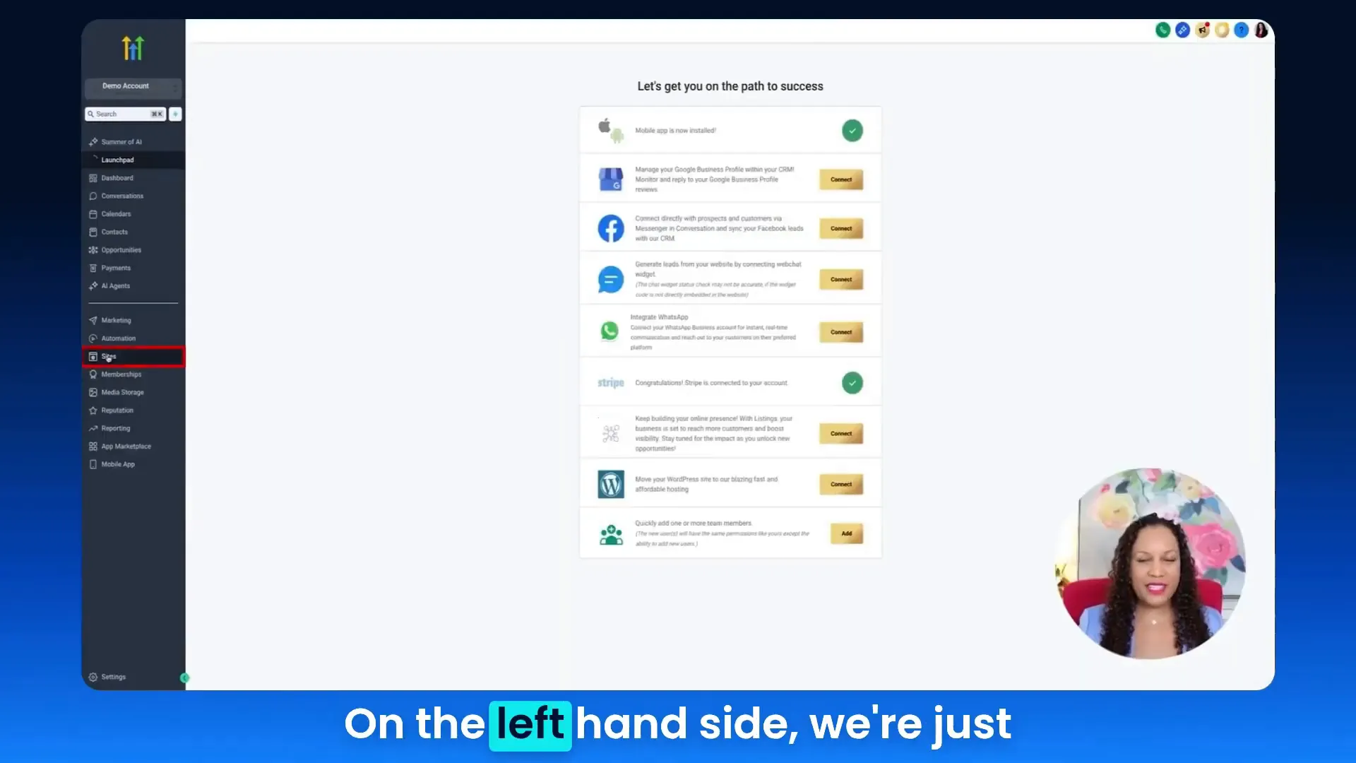 Subaccount level and Sites menu on dashboard