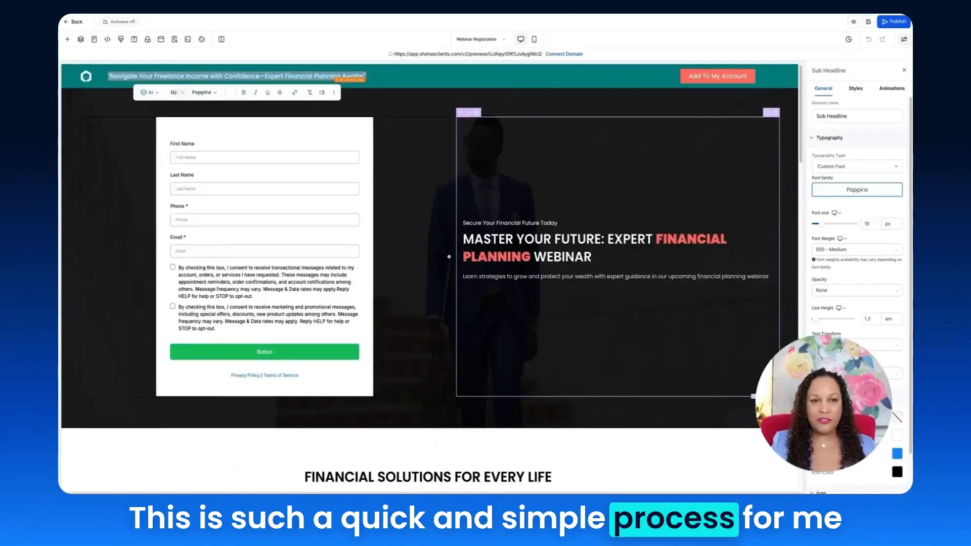 Webinar funnel with pre-filled form and editable text