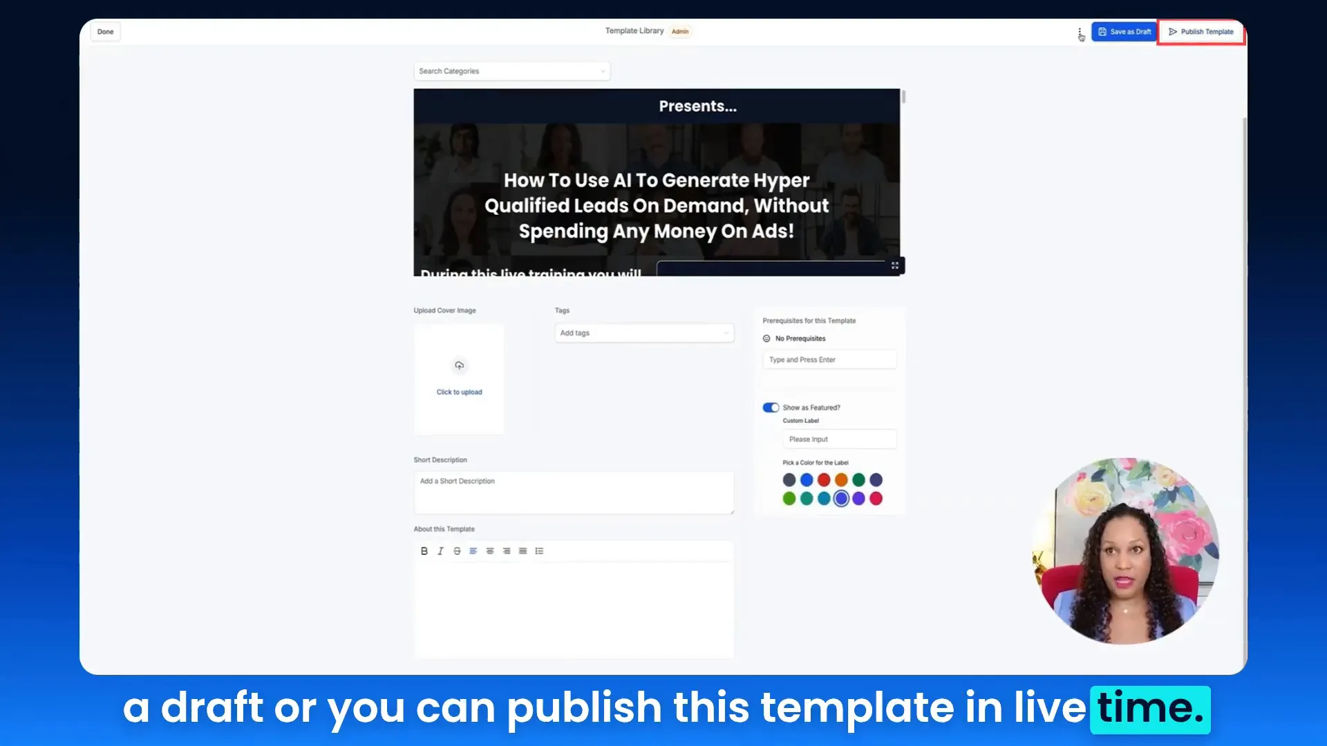 Template details dialog with publish and draft options