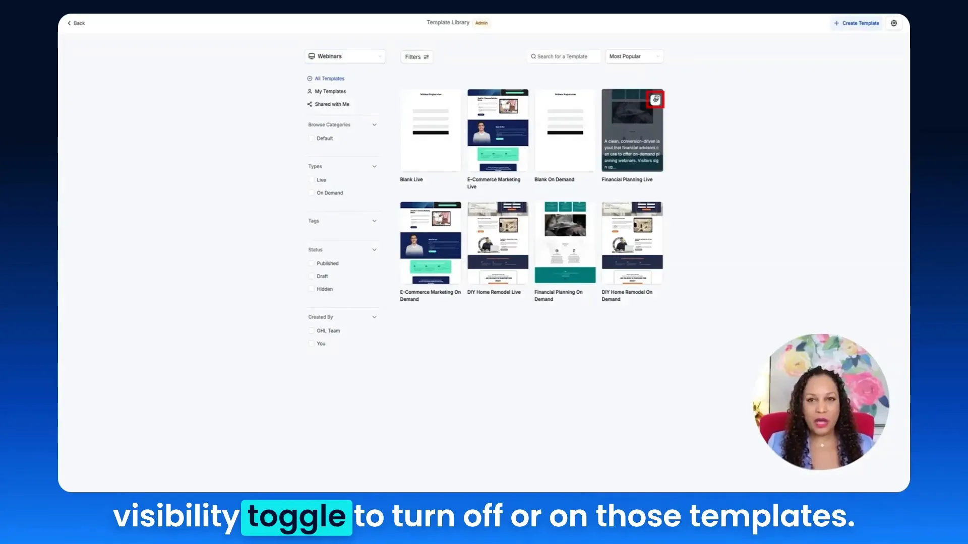 Templates list for webinars with visibility toggles