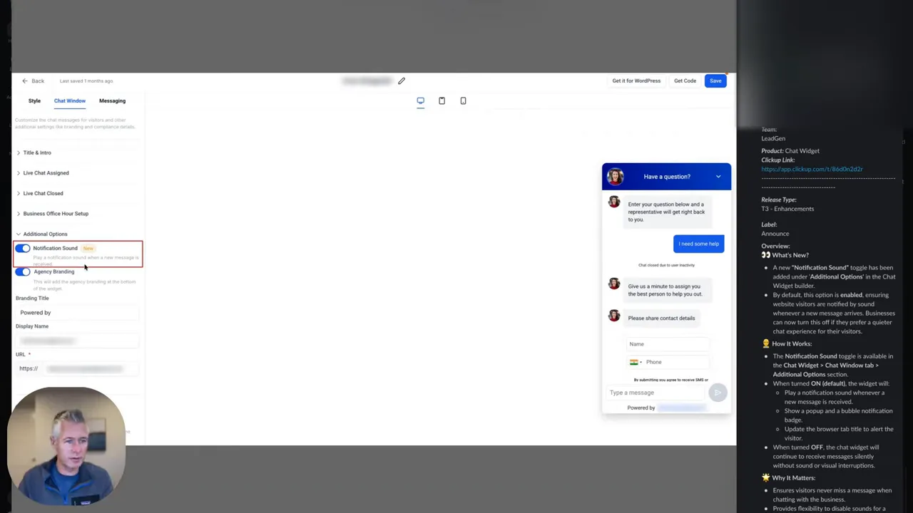 GFunnel chat widget notification sound option in settings