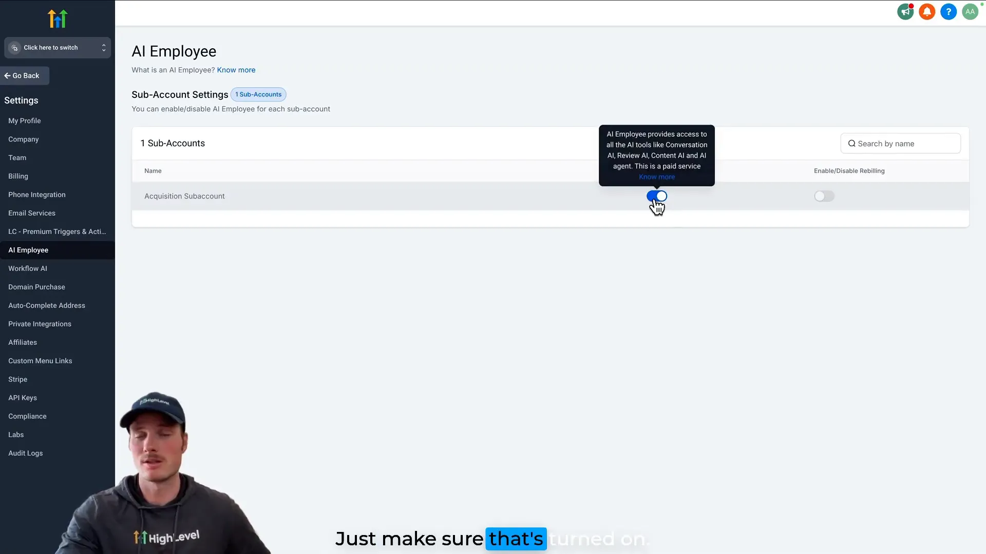 AI Employee activation completed in Lead Connector With GFunnel