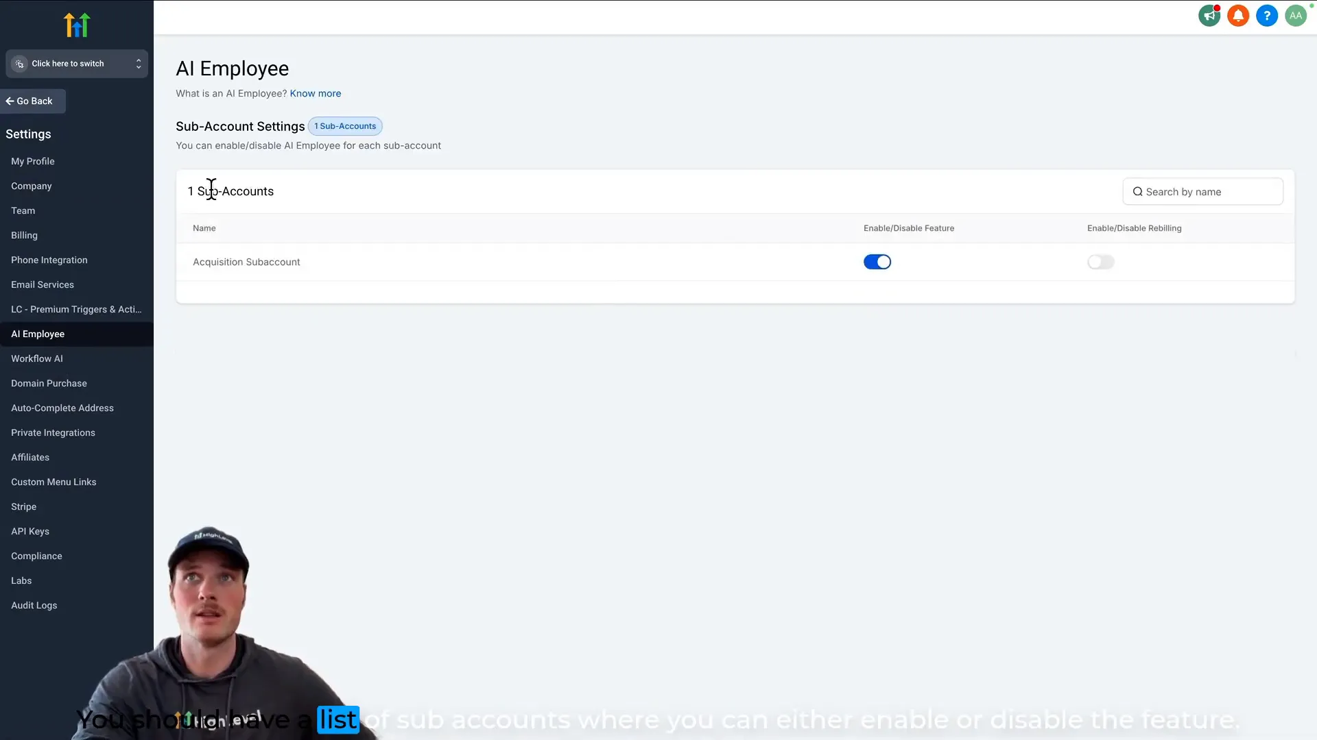 Enabling AI Employee for subaccounts in Lead Connector With GFunnel