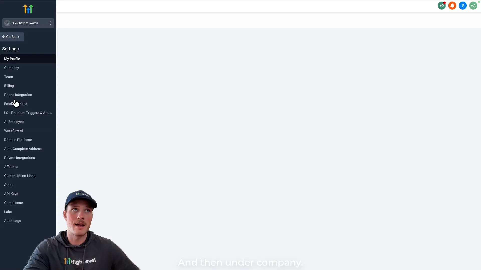 Accessing Settings menu in Lead Connector With GFunnel