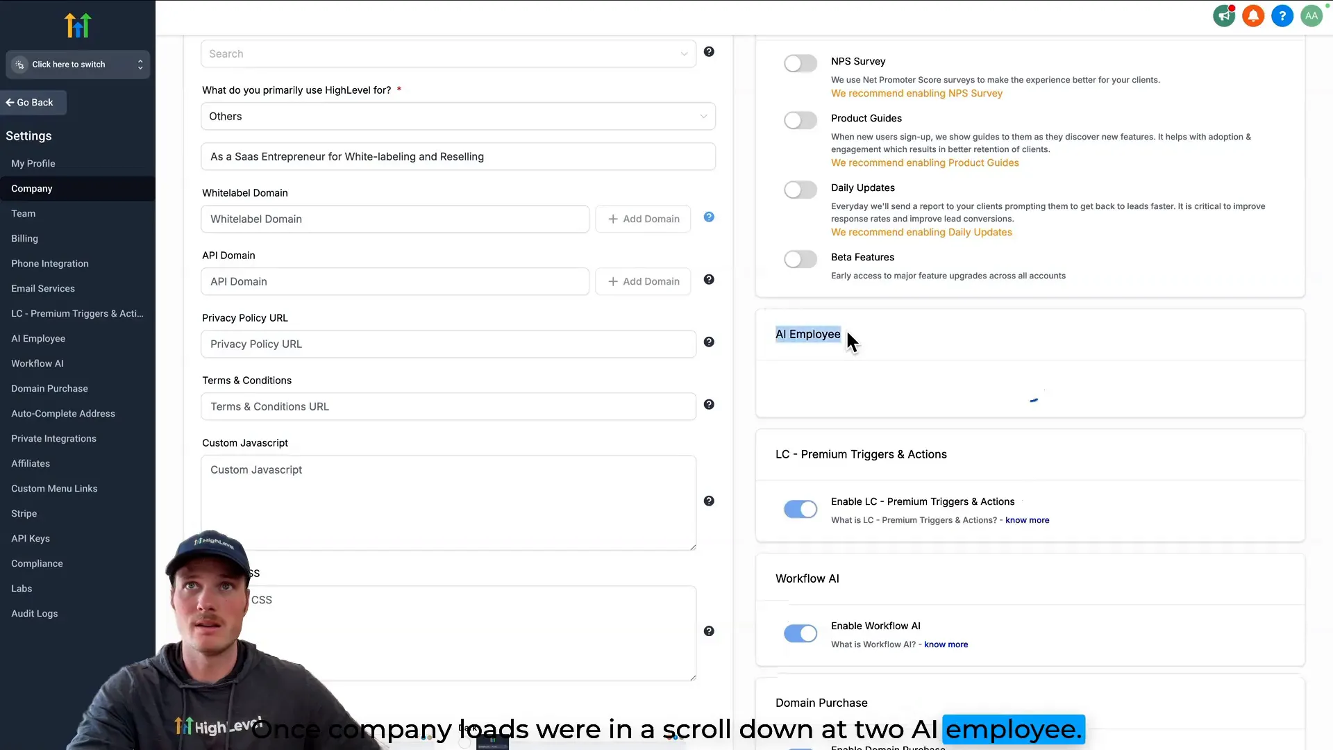 Enabling AI Employee setting in company settings of Lead Connector With GFunnel