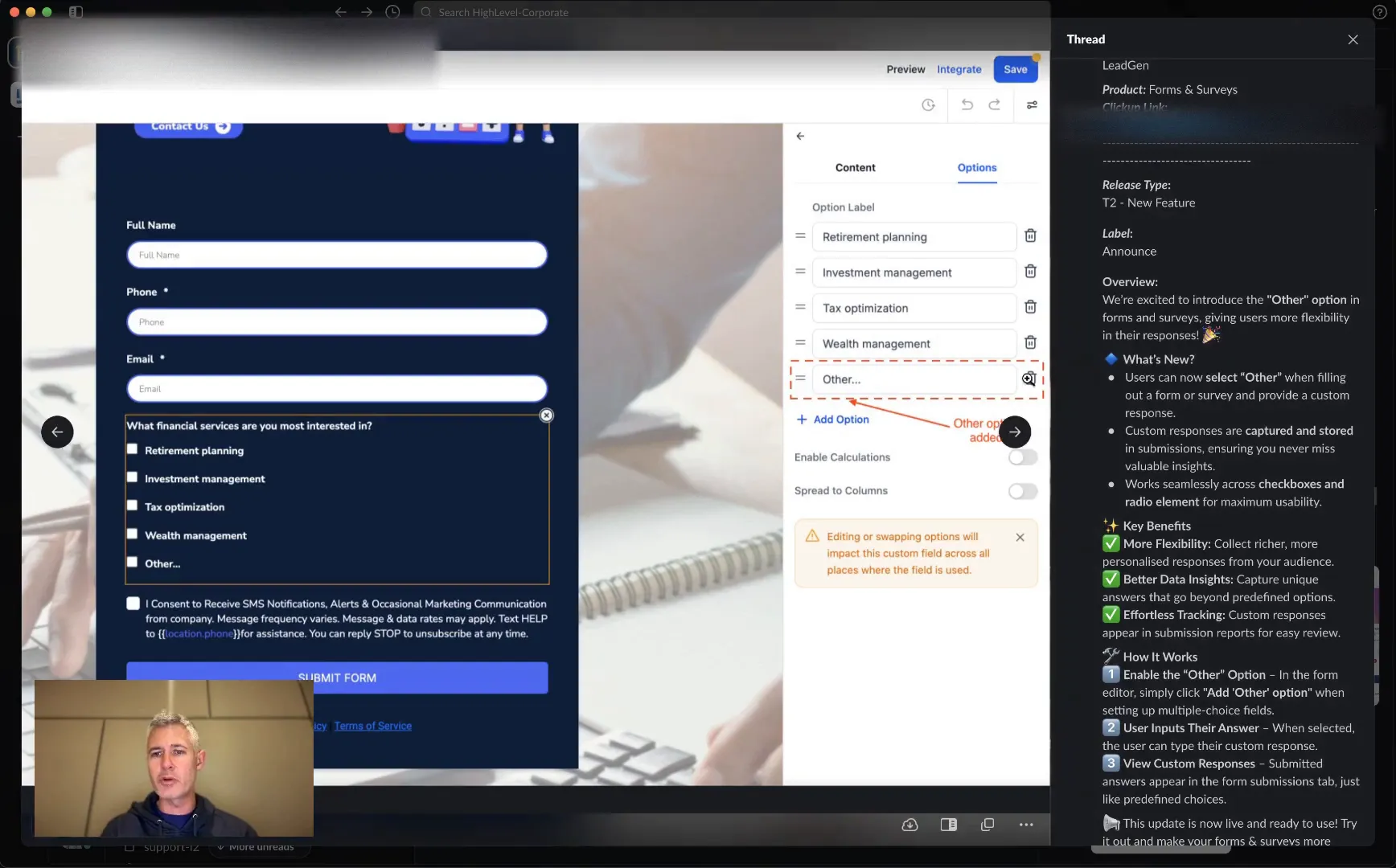 Demonstrating how to add the 'Other' option in the form builder