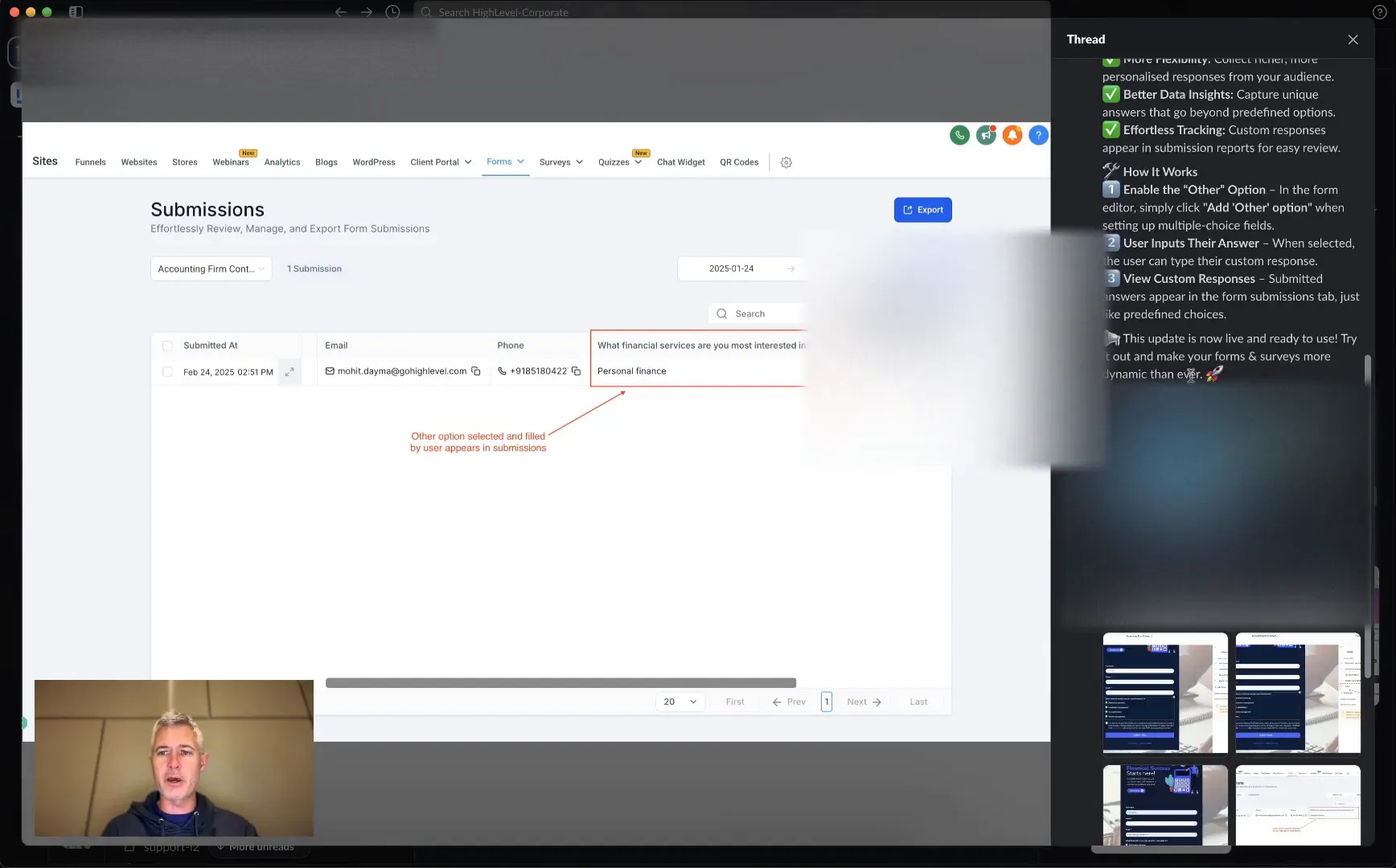 Example of a filled form submission showing custom responses