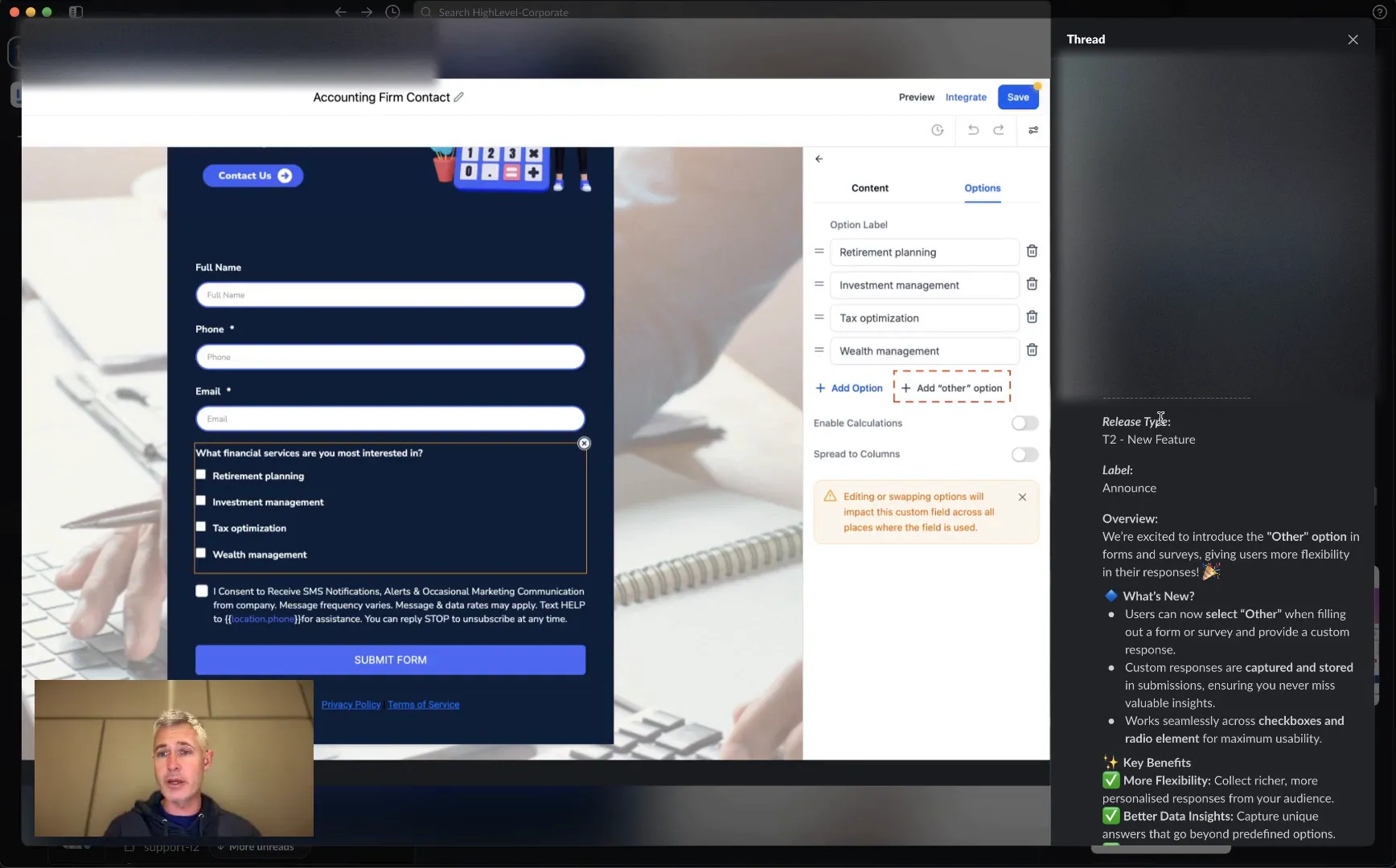 Showing the form with options including 'Other'