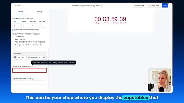 Active timer leads link configuration directing users to shop
