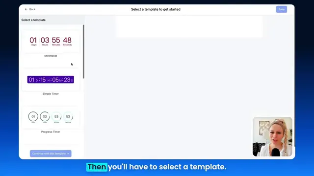Countdown timer creation screen showing template selection