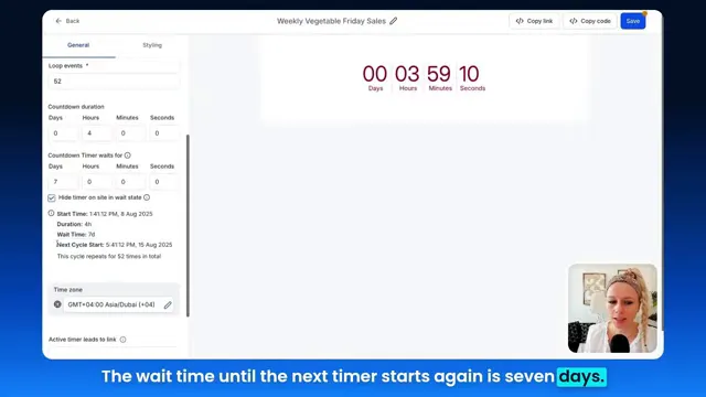 Summary view showing start time, duration, wait time, and loop events for recurring timer