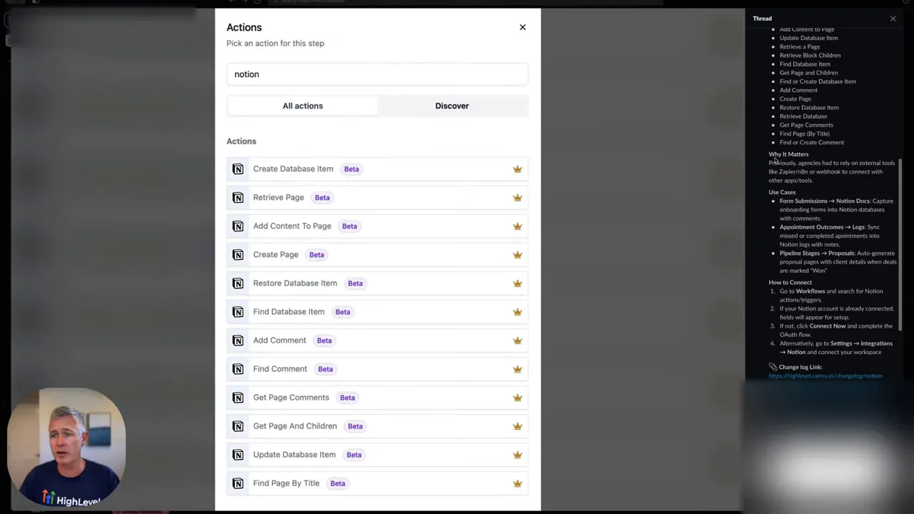 Actions list in workflow showing multiple Notion actions available