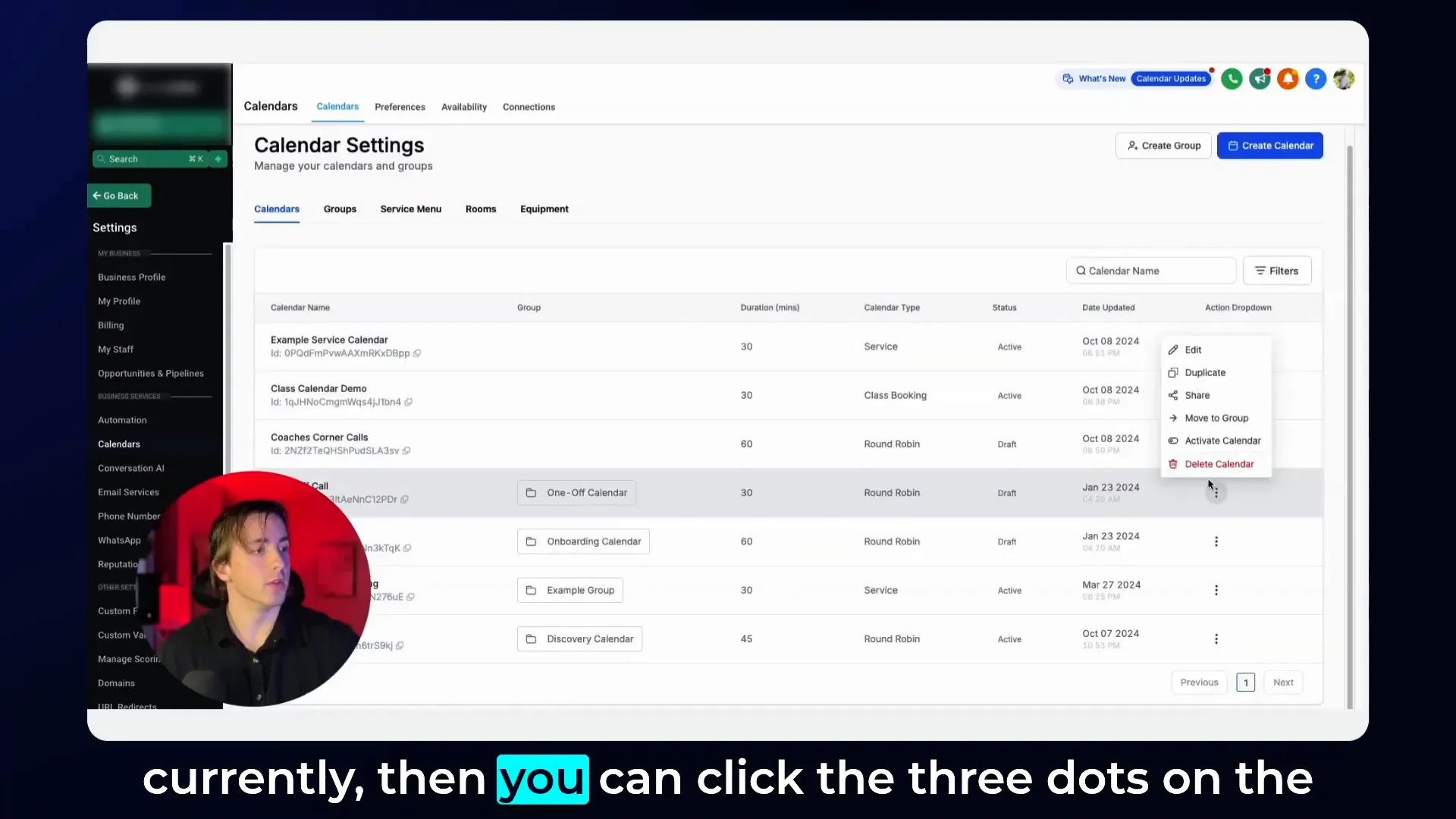 Moving calendar from a group to unassigned group using three dots menu