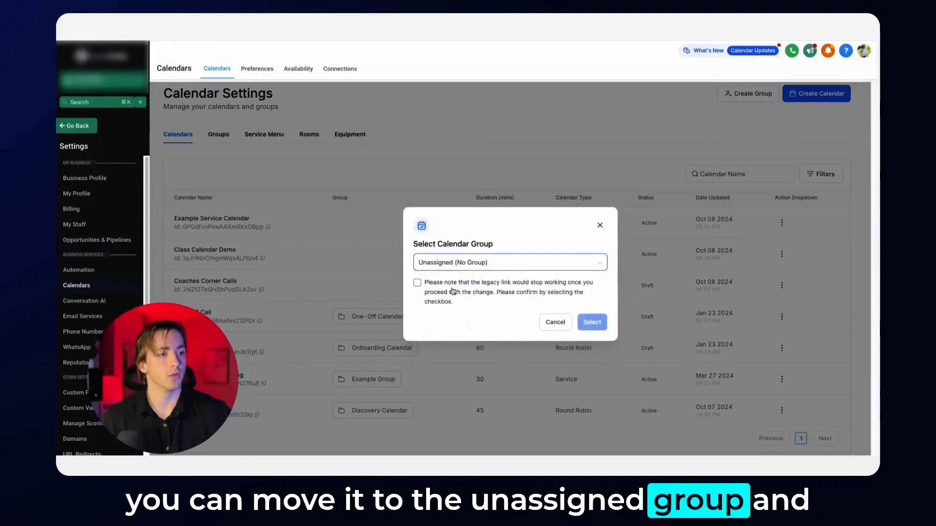 Confirmation checkbox and finalizing calendar move to unassigned group
