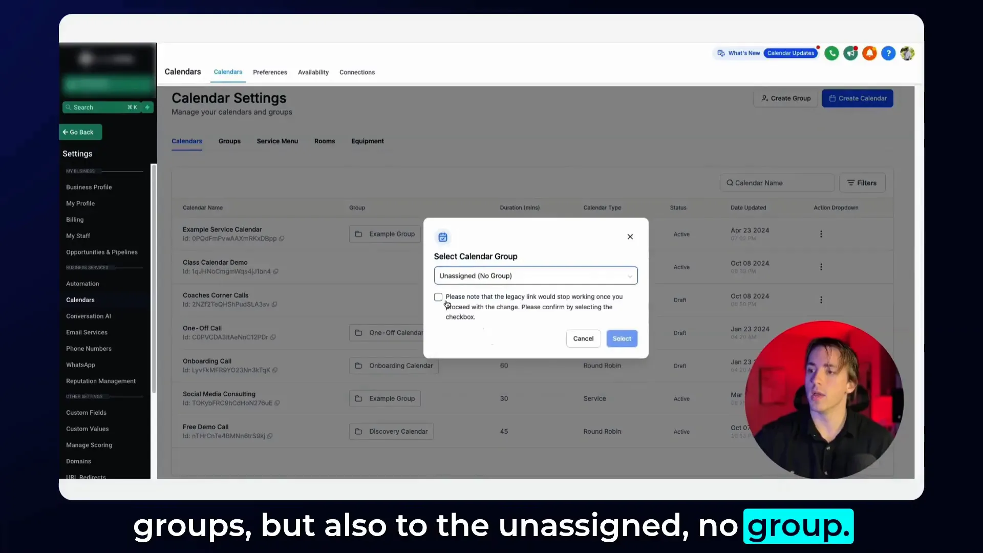 Checkbox to confirm legacy link disablement when moving calendar to unassigned group