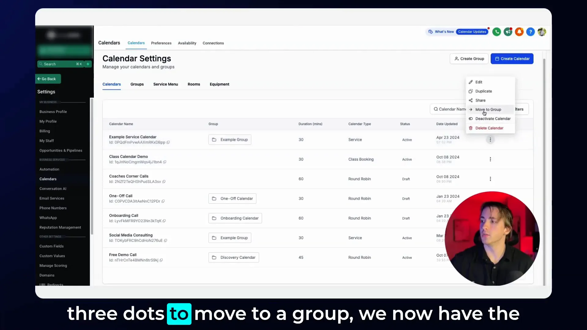 Calendar settings dashboard showing three dots menu to move calendar to a group including unassigned group