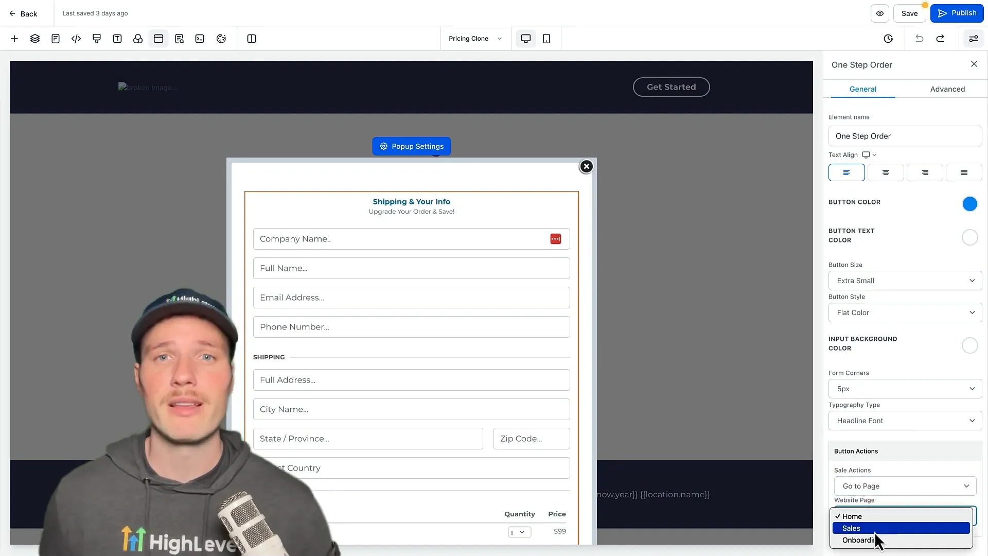 Setting sale action to redirect to onboarding page