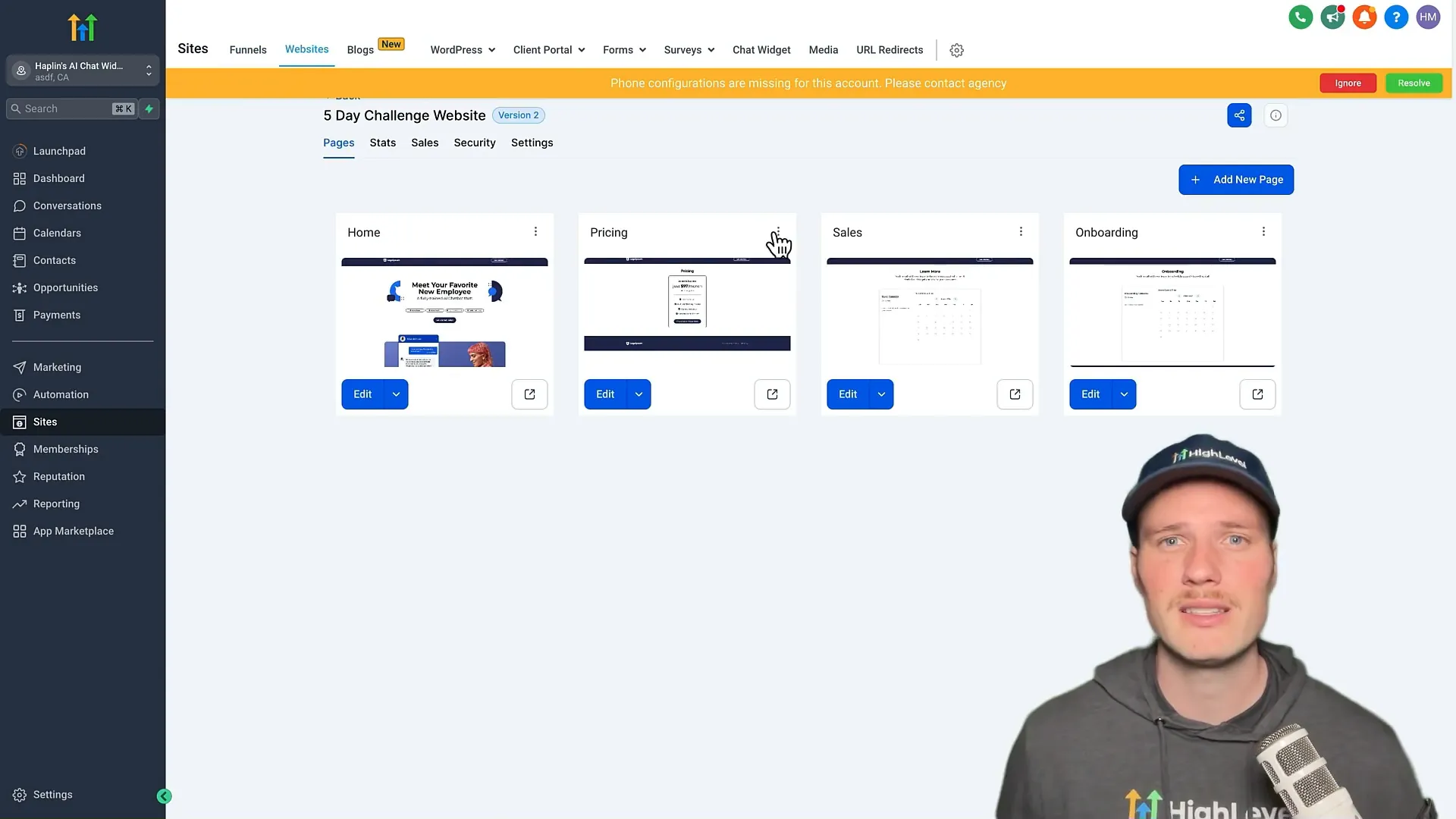 Navigating GFunnel's website setup interface