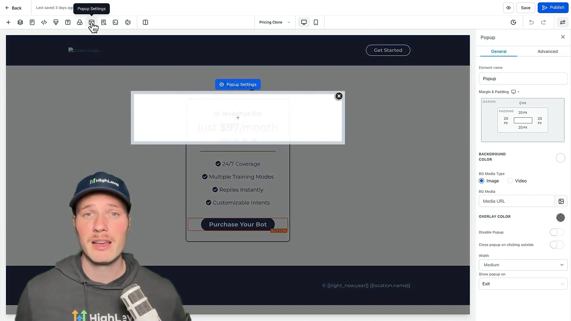 Editing popup settings for order form integration