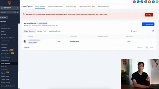 HighLevel manage numbers showing default number and verification button