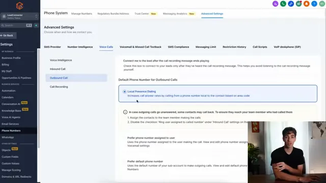 HighLevel outbound call setting to select local presence dialing option