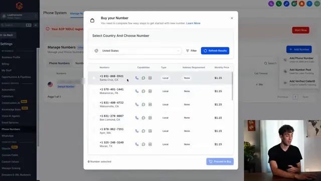 HighLevel add number interface with filters for capabilities