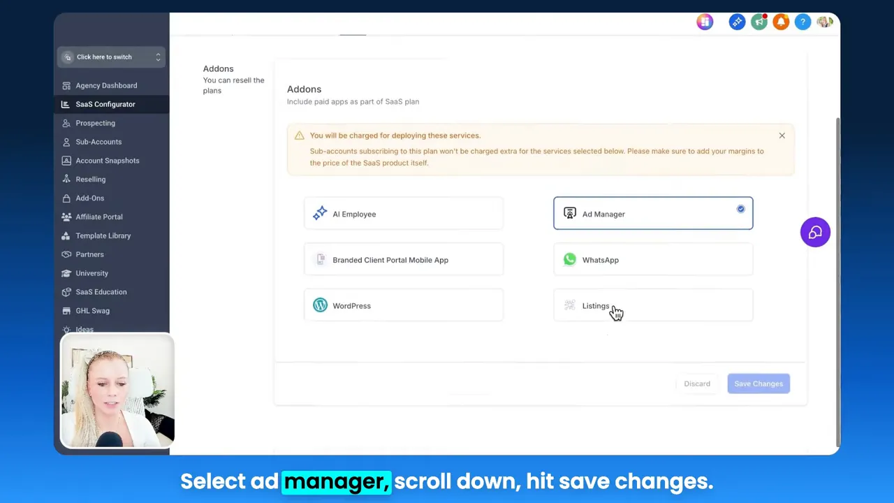 SaaS configurator: selecting add-ons and saving changes