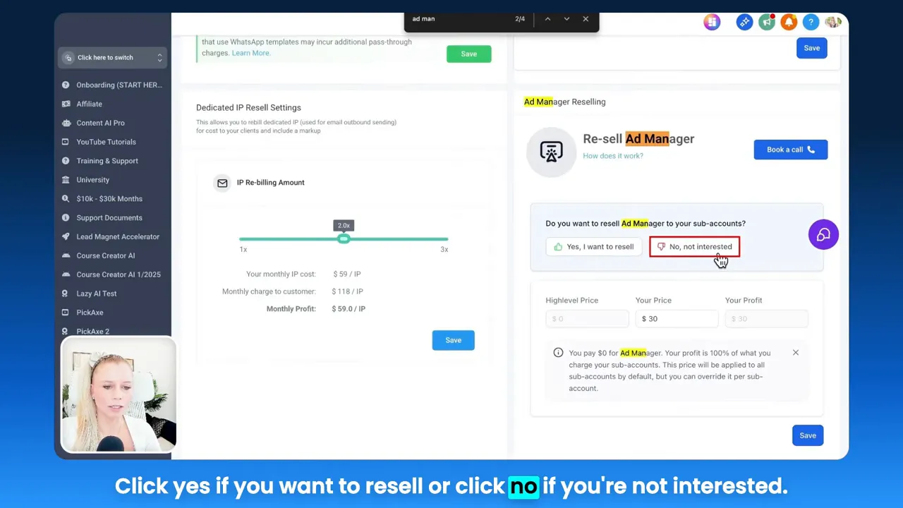 Reselling option interface: resell or not resell ad manager