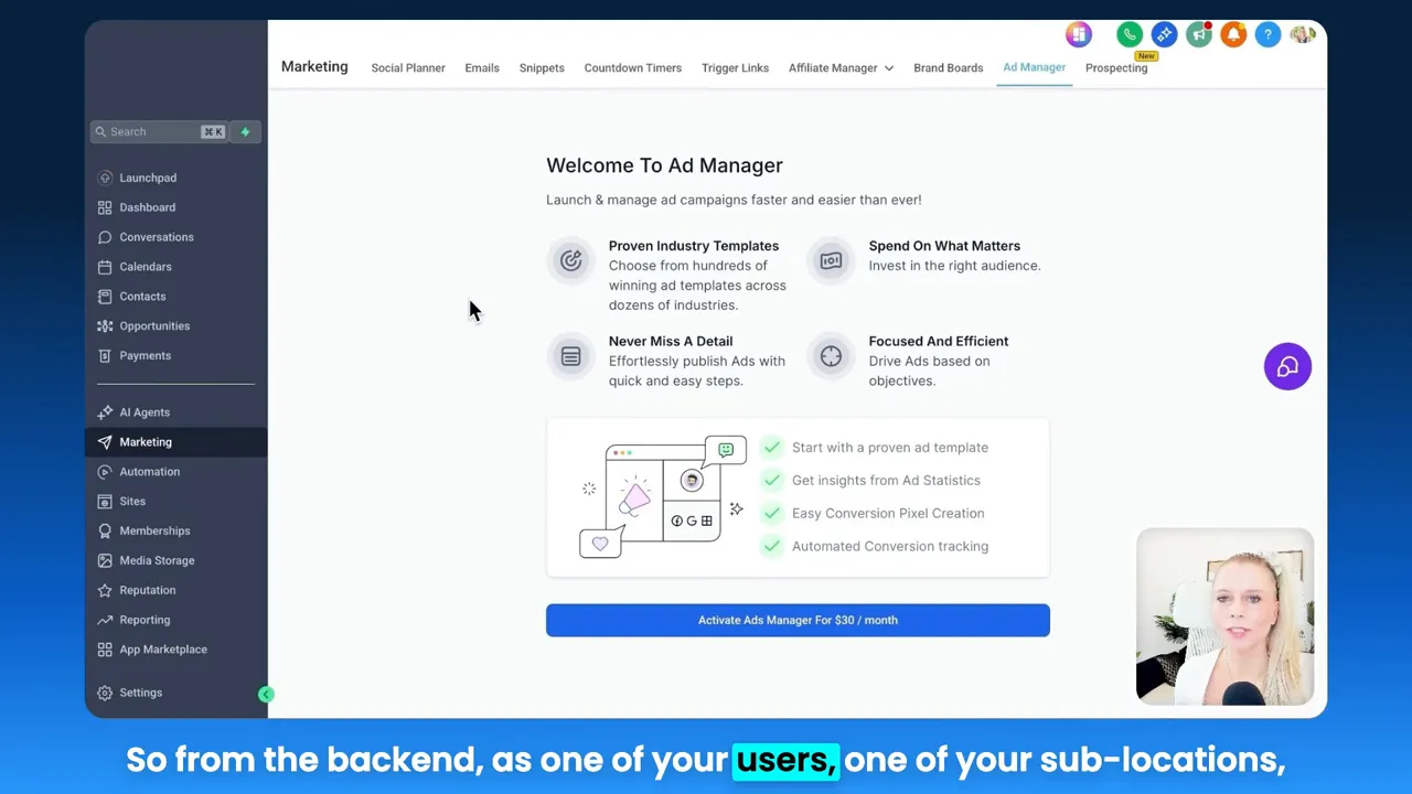 Backend view showing marketing menu and ad manager access